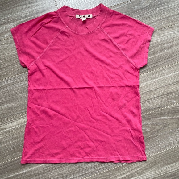 AMO Denim Women’s Raglan Cap Sleeve Tee Pink 100% Cotton Sz S EUC - Picture 3 of 8